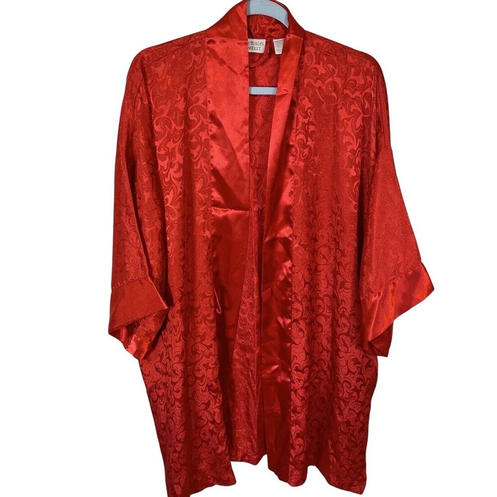 Vintage Victorias Secret OS Gold Label Robe Red Floral Embossed Satin Kimono OS